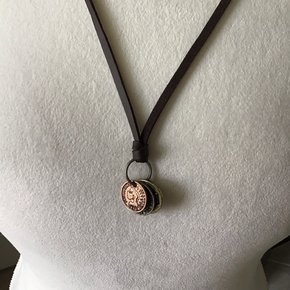 Leatherette ADJUSTABLE Necklace 3 Faux Coins Surfer Boho Style Unisex Slide NEW - Picture 8 of 13